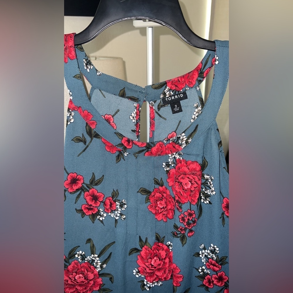 Dark Blue Floral Georgette Pleated Goddess Neck Tank - Picture 5 of 5